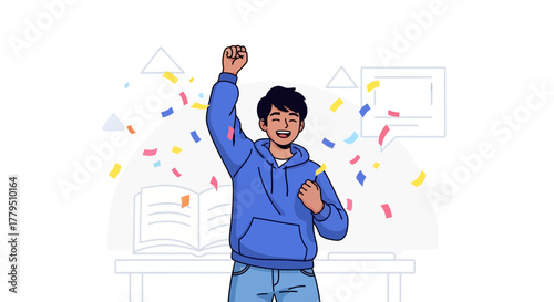 Joyful Person Celebrating Success After Achivement or Education Goal Cartoon Illustration