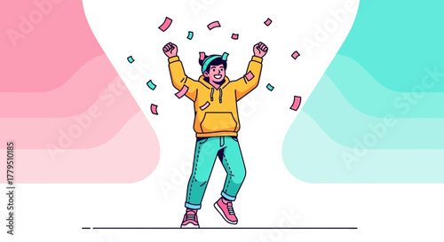 Joyful Person Celebrating Success with Confetti in Vibrant Flat Illustration Style