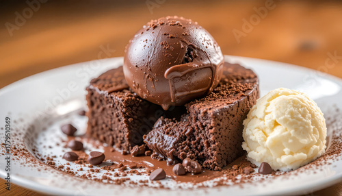 Decadent warm chocolate lava cake topped with a scoop of vanilla ice cream and chocolate shavings on a white plate