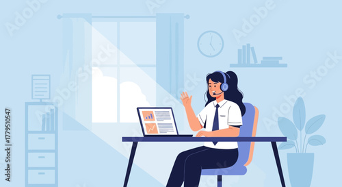 Online Assistant Greeting Client While Working From A Home Office In A Calm Environment