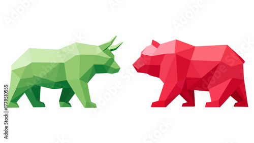Two low polygon animal figures a green bull and a red bear face off against a white background representing market volatility and financial trends