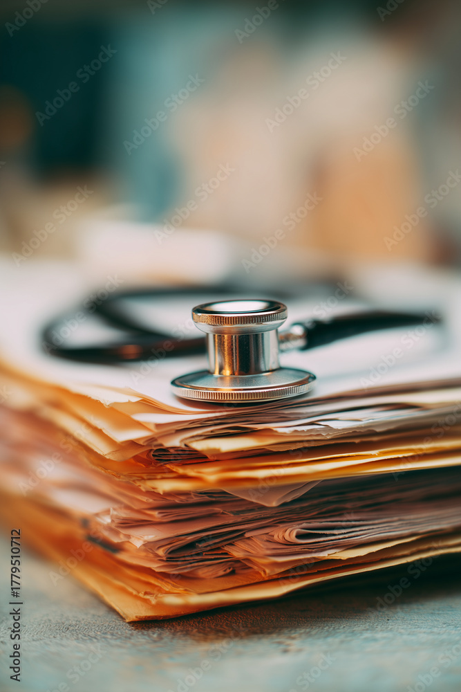 Obraz premium a stethoscope resting on a tall stack of medical documents and patient files — concept symbolizing healthcare management, medical research, diagnostics, and hospital administration
