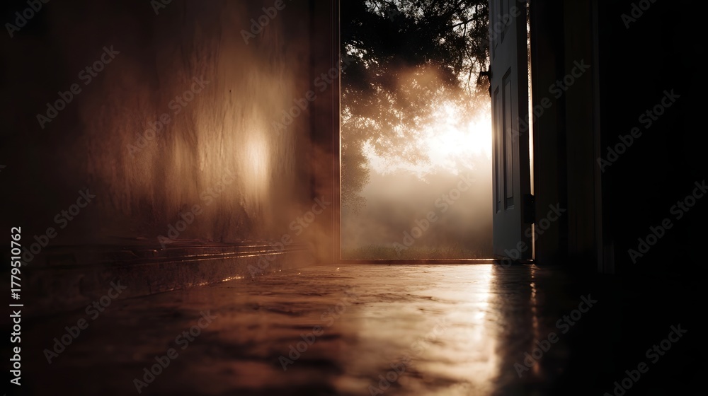 Naklejka premium An open doorway reveals a misty sunlit exterior creating a mysterious and atmospheric threshold between worlds