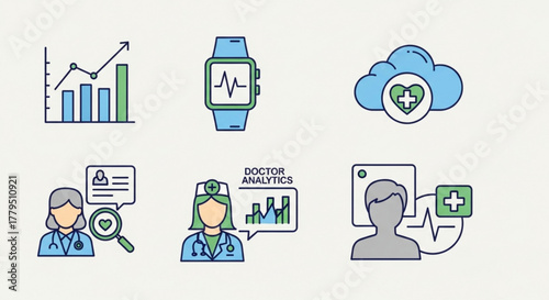 Collection of healthcare icons showcasing medical data analysis, wearable technology, cloud storage, doctor consultation, and patient monitoring