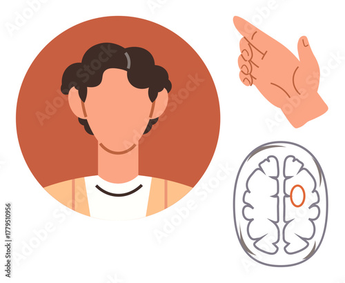 Abstract design featuring a brain diagram, a hand pointing, and a faceless person, representing decision-making, cognition, and communication. Ideal for education, neuroscience, psychology