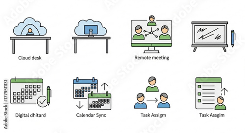 Illustration set depicting remote work, featuring cloud desks, remote meetings, digital charts, calendar synchronization, and task assignment