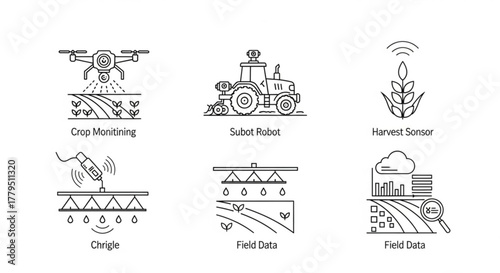 Line art icons depicting smart farming technologies, including crop monitoring, robot assistance, and sensor data collection