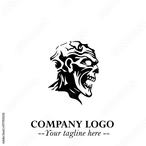 Head of Zombie Logo Symbol in Black on the White Background with Horror Minimal Vector Design