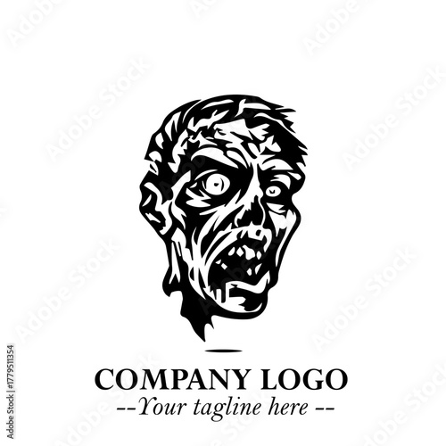 Head of Zombie Logo Symbol in Black on the White Background with Horror Minimal Vector Design