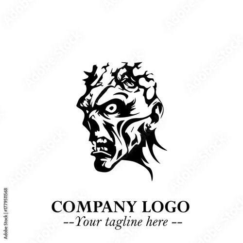 Head of Zombie Logo Symbol in Black on the White Background with Horror Minimal Vector Design