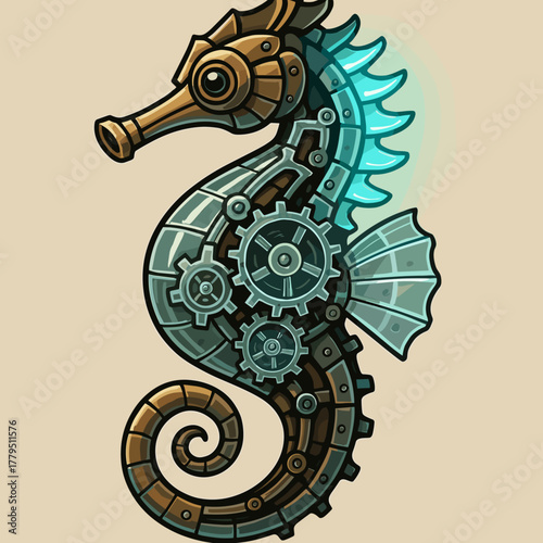 Steampunk seahorse with gears and a metallic design in vibrant colors