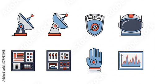 Line art illustration showcasing space exploration technology and equipment for web and print use, including satellite, helmet, and control panel