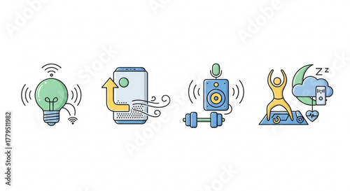 Line art illustration showcasing smart home technology for sleep tracking, fitness, voice assistance, and smart lighting for web and print use