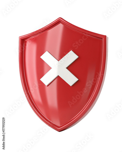 3D Glossy red shield with white x mark symbol isolated on a transparent background.