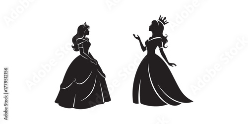 cinderella silhouette. This image shows a silhouette of Cinderella in a ball gown, representing elegance and fantasy. Vector clipart illustration design. Princess in formal dress silhouette image 