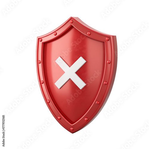 3D Glossy red shield with white x mark symbol isolated on a transparent background.