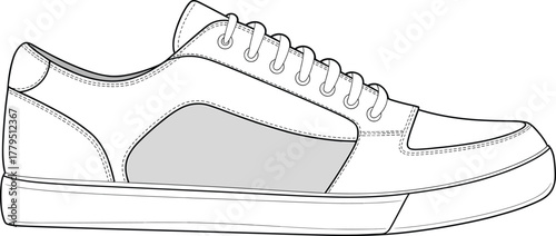 Low-top casual sneaker technical side view sketch with lace-up closure, stitching details, panel shading, and flat rubber sole