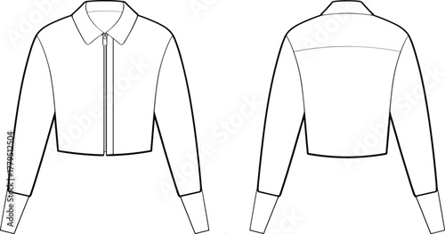 Vector technical sketch of cropped jacket with pointed collar, zipper front, long sleeves, and back yoke in front and back views.