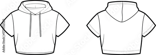 Vector technical sketch of cropped short-sleeve hoodie with drawstring hood, wide sleeves, and front and back views for fashion design.
