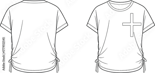 Vector technical sketch of women’s short-sleeve t-shirt with drawstring hem, scoop neck, and cross graphic front and back views.