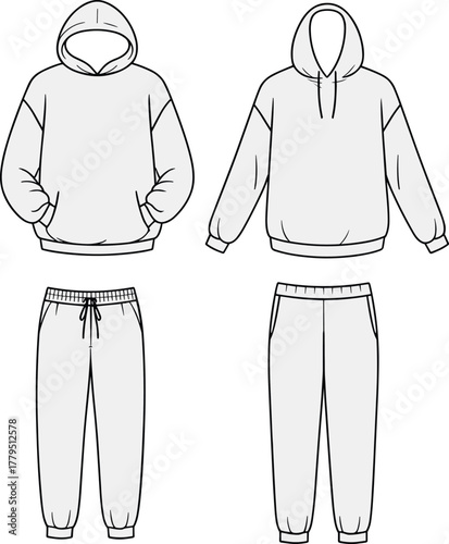Vector technical sketches of hooded sweatshirts and sweatpants with design variations in pockets, drawstrings, and waistband for casual wear.
