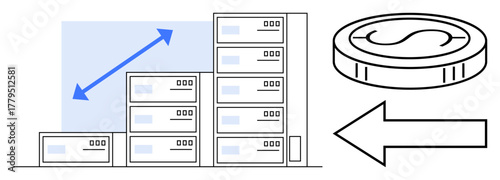 Stacked growing bars with an upward arrow representing progress, next to a coin and leftward arrow signifying currency exchange. Ideal for finance, investment, savings, trade, economy, business