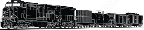 Black and white illustration of a freight train locomotive, train, freight train, locomotive, cargo, transportation, railway, railroad, engine, carriage, wagon, container, coal, industry, transport, l