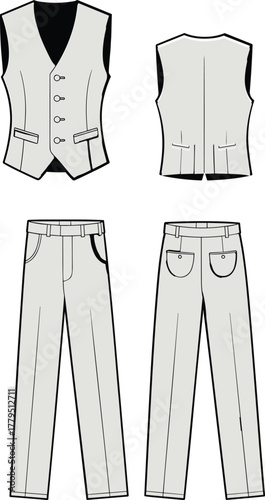 Vector technical sketches of men’s formal vest and trousers with front and back views, tailored details, and garment construction elements.