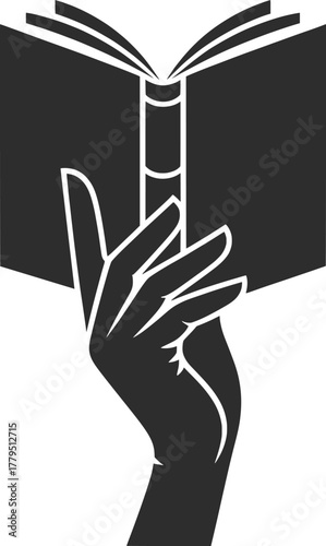 Elegant Hand Holding Open Book Silhouette Illustration.