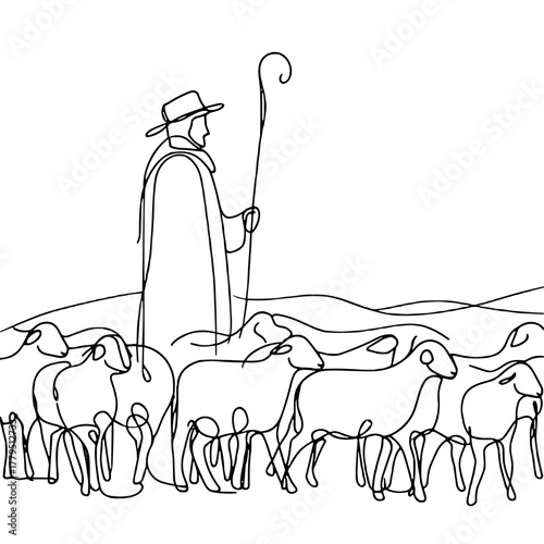 Shepherds with staffs and sheep Biblical Christmas Scenes outline / minimal linear vector