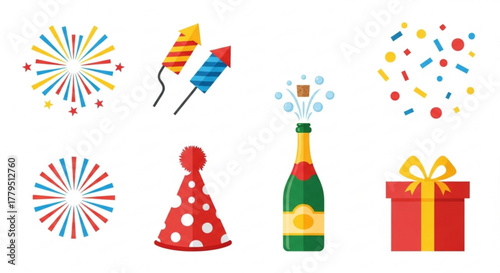 Festive party elements featuring fireworks, party poppers, champagne bottle, confetti, party hat, and a gift box for a celebration