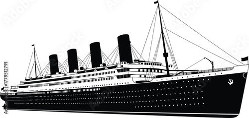 Black and white illustration of a large ocean liner with four smokestacks, ocean liner, ship, boat, maritime, transport, travel, historical, vintage, classic, steamship, liner, vessel, nautical, sea, 