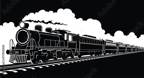 Black and white illustration of a steam train with smoke on tracks, steam train, locomotive, railway, railroad, train, transportation, travel, journey, vintage, retro, old fashioned, engine, carriage,