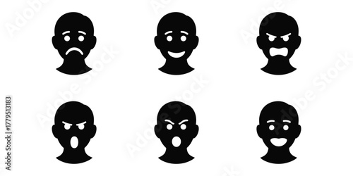 Six black silhouette faces expressing different emotions on a white background. face silhouette icon set.