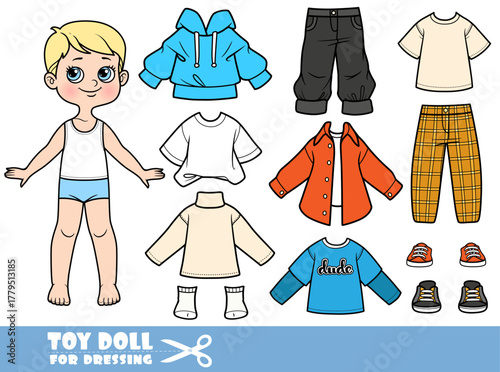 Cartoon blond boy - autumn season -  hoodie, shirt, long sleeve, cargo panth and boots. Doll for dressing