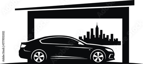Black coupe car in garage with city skyline silhouette, car, coupe, vehicle, automobile, black and white, silhouette, garage, parking, city, skyline, urban, modern, building, architecture, transportat