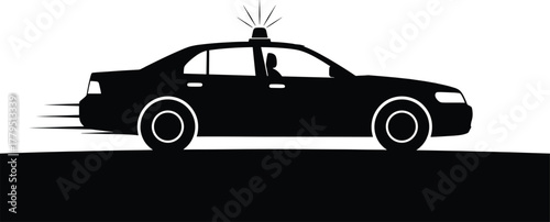 Black police car with siren lights speeding black and white, police car, black and white, siren, lights, speeding, motion, vehicle, law enforcement, emergency, pursuit, car, transport, silhouette, gra