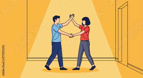 Two people holding hands and high-fiving in a room, illustration
