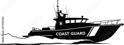 Black silhouette of a coast guard boat on white black and white, coast guard boat, silhouette, black and white, maritime, rescue, patrol, watercraft, vessel, ship, ocean, sea, waves, water, transporta