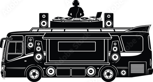 Black silhouette of a D J bus with speakers and turntables, dj bus, dj, bus, silhouette, black and white, music, party, entertainment, sound system, speakers, turntables, laptop, headphones, vehicle, 