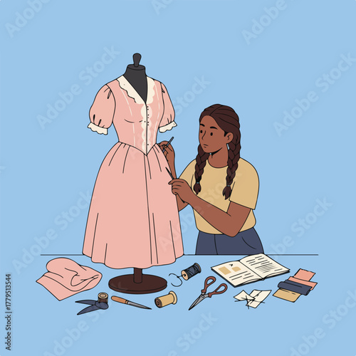 Illustration of a dressmaker working on a pink dress with tools on a table, including scissors and thread