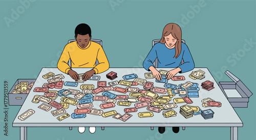 People sorting through tickets