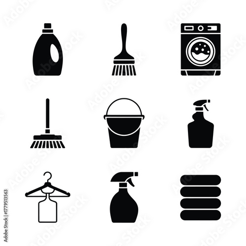 Collection of black and white cleaning supplies and laundry icons for household chores and domestic tasks. cleaning silhouette icon set.