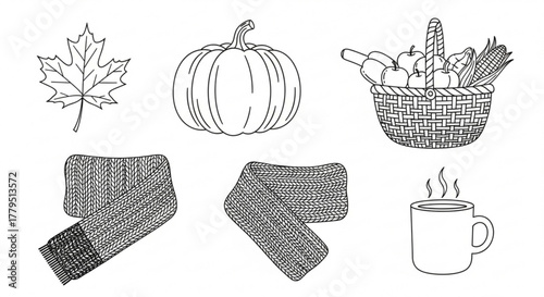 A charming collection of autumn elements showcases a maple leaf, pumpkin, basket overflowing with harvest, a cozy scarf, and a steaming mug, all rendered in a delicate black and white line art style