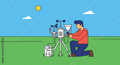 Person checks weather station. Blue sky with sun and clouds, on green field