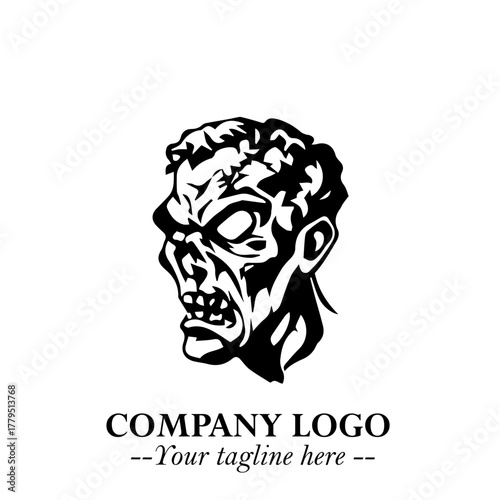 Head of Zombie Logo Symbol in Black on the White Background with Horror Minimal Vector Design