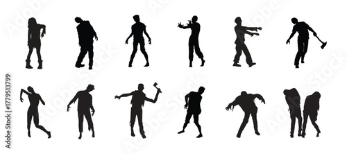 Zombie silhouette. Zombie poses silhouette walking horror character vector.