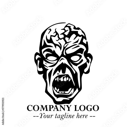 Head of Zombie Logo Symbol in Black on the White Background with Horror Minimal Vector Design