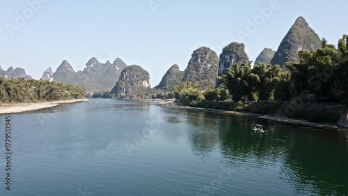 Li River landscape with karst mountains in Yangshuo, Guangxi, China