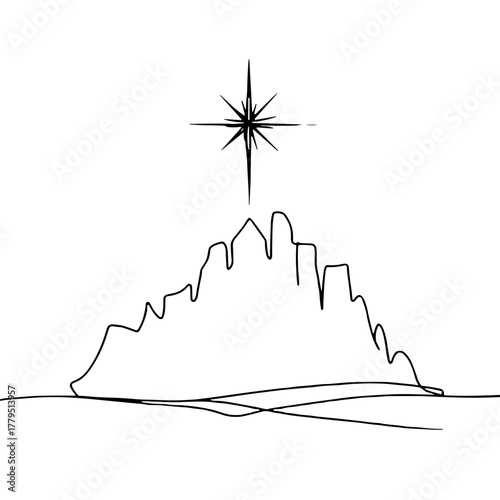Silhouette of Bethlehem with a star on top Biblical Christmas Scenes outline / minimal linear vector